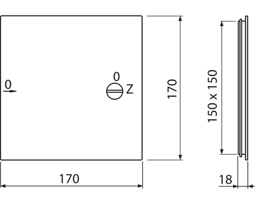 Technický nákres čtvercového krytu o rozměrech 150 x 150 milimetrů.