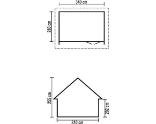 Půdorys a pohled zahradního domku s rozměry