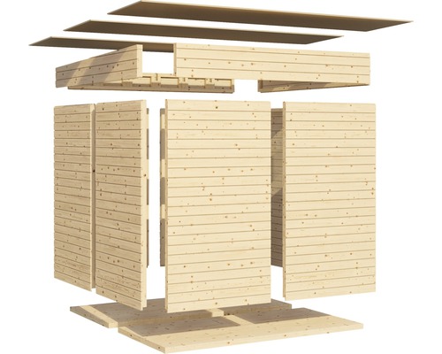 Rozložené zobrazení zahradního domku s dřevěnými stěnami a střešními prvky