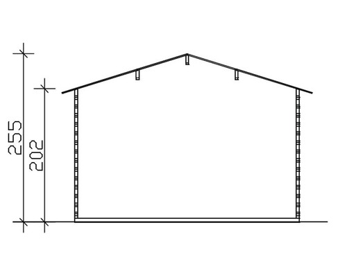 Řez zahradním domkem s výškovými údaji