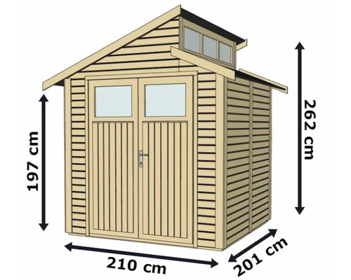 Obrázek zahradního domku s rozměry: výška 262 cm, šířka 210 cm, hloubka 201 cm.