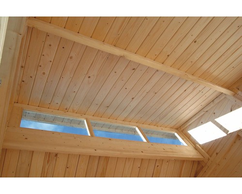 Interiér dřevěné sauny s obložením stropu a okny