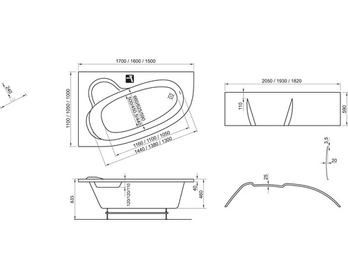 Technický výkres vany s rozměry