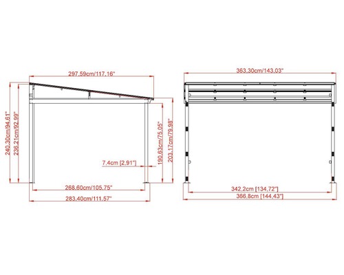 Technický nákres pavilonu s rozměry v centimetrech
