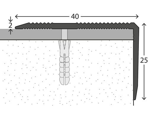 Nákres profilu hrany schodu o rozměrech 40 krát 25 milimetrů.