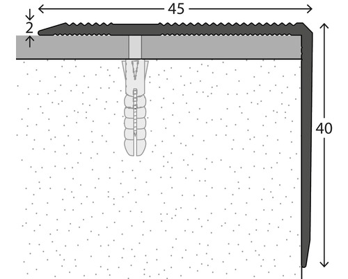Ilustrace schodišťového profilu o rozměrech 45 krát 40 milimetrů.