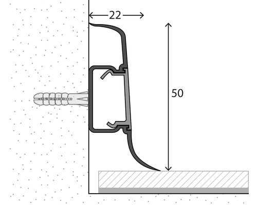 Profilová lišta s rozměry 22 a 50 pro montáž na stěnu