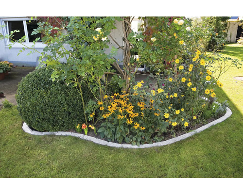 Zahradní scéna s květinovým záhonem, buxusovou koulí a trávníkem