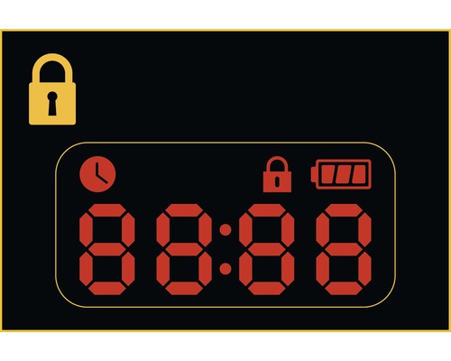 Displej se zobrazením času, zámku a baterie