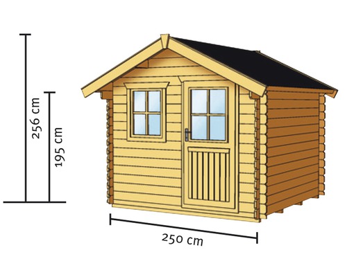 Obrázek zahradního domku o rozměrech 250 cm šířka, 195 cm výška boční stěny a 256 cm celková výška.
