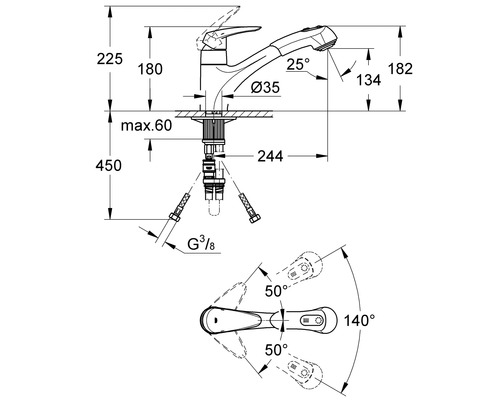 Technický výkres kuchyňské baterie s rozměry