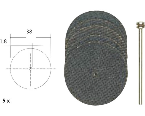 Pět řezných kotoučů s technickým výkresem a upevněním