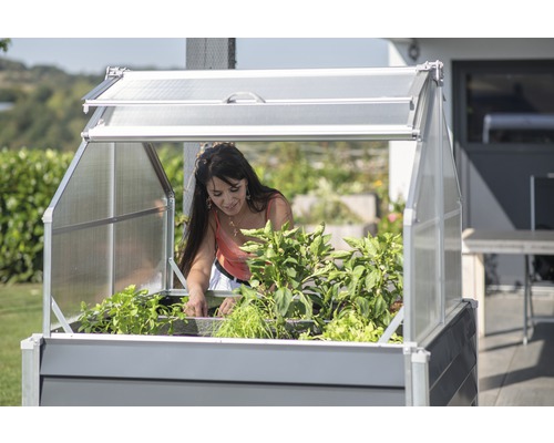 Žena zahradničí ve vyvýšeném záhonu s pařeništním nástavcem na zahradě.