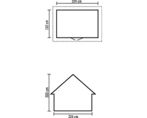 Rozměry zahradního domku: šířka 224 centimetrů, hloubka 152 centimetrů, výška 203 centimetrů