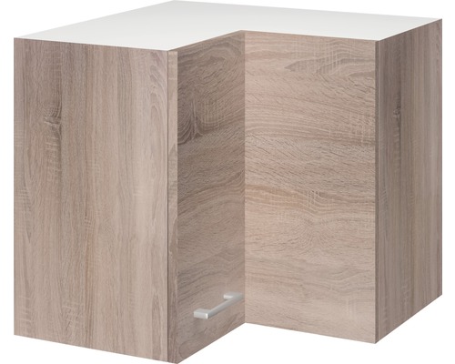 Rohová závěsná skříňka s dřevěnou strukturou a úchytkou