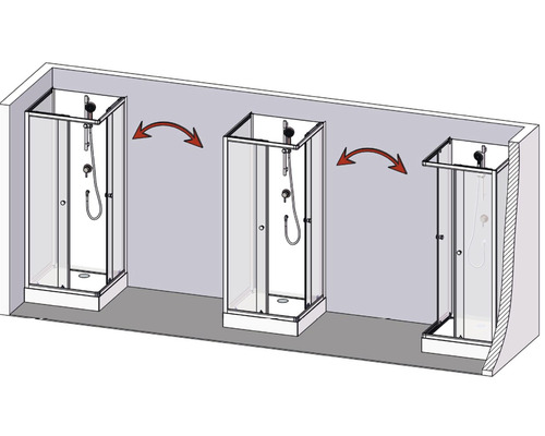 Tři sprchové kabiny s otočnými dveřmi a sprchovou baterií