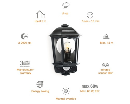 Venkovní svítidlo s pohybovým senzorem a technickými informacemi