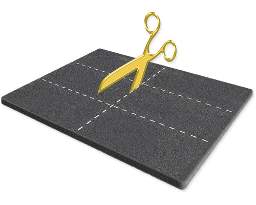 Černá pěnová deska s vyznačenými místy pro řezání a zlaté nůžky