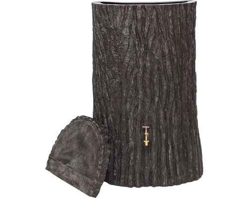 Nádrž na dešťovou vodu vzhledu stromového kmene s výpustným kohoutem a víkem