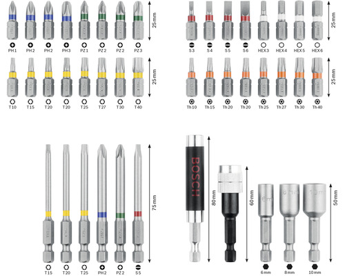 Různé šroubovací bity a magnetické držáky bitů