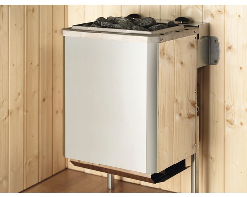 Saunová kamna pro montáž na stěnu se saunovými kameny v dřevěné kabině