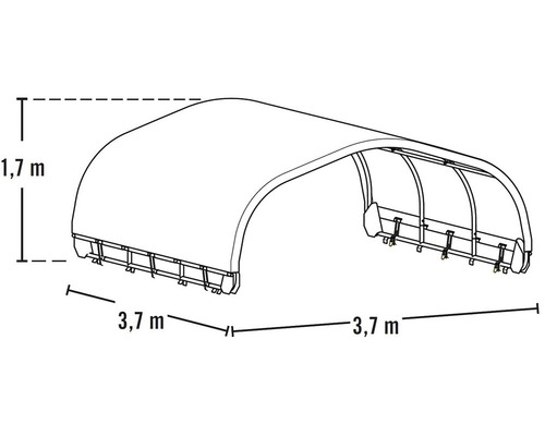 Obrázek přístřešku o rozměrech 1,7 metru na výšku a 3,7 metru na délku.
