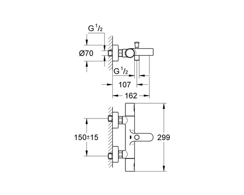 Technický nákres sprchové baterie s rozměry