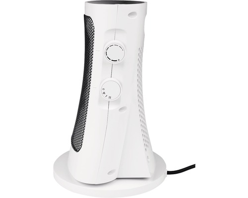 Bílý topný ventilátor s kulatou základnou a regulátorem teploty