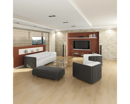 Světlý obývací pokoj s pohovkou, křeslem, stoličkou, televizí a kamennou zdí