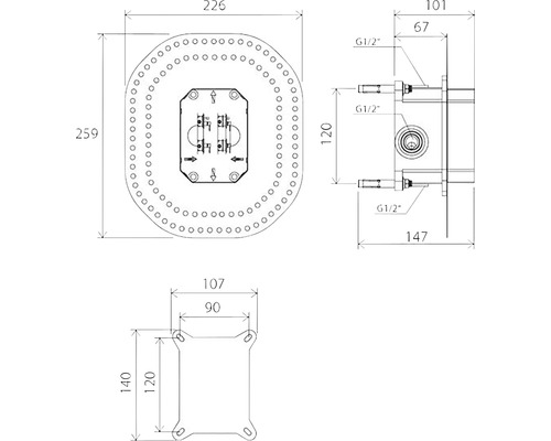 Technický výkres sprchové hlavice s rozměry