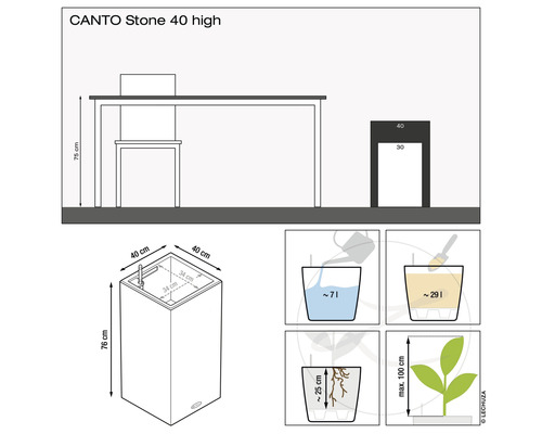 Ilustrace rozměrů a kapacity květináče CANTO Stone 40