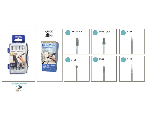 Sada na leptání skla Dremel s rychlým návodem a různým příslušenstvím