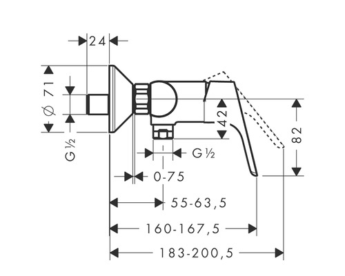 Technický výkres rohového ventilu s rozměry