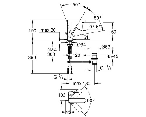 Rozměrový výkres vodovodní baterie s úhly a rozměry
