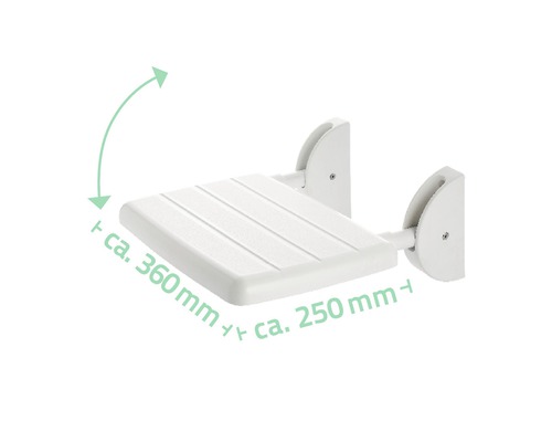 Sklopné sprchové sedátko o šířce přibližně 360 mm a hloubce 250 mm