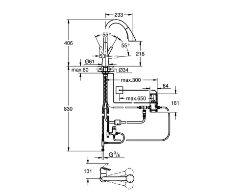 Technický nákres kuchyňské baterie s rozměry