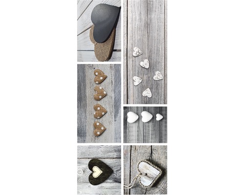 Koláž různých ozdobných srdcí na dřevěném pozadí