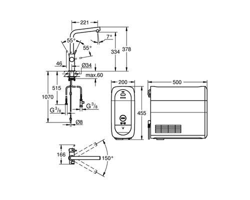 Technický nákres kuchyňské baterie s rozměry