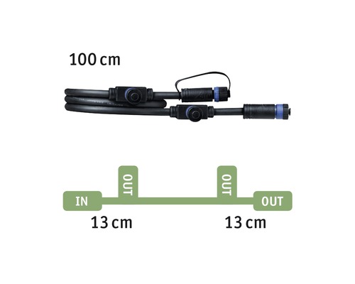 Kabel dlouhý 100 centimetrů s konektory a schematickým znázorněním vstupů a výstupů