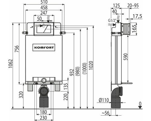 Technický výkres splachovací nádrže s rozměry
