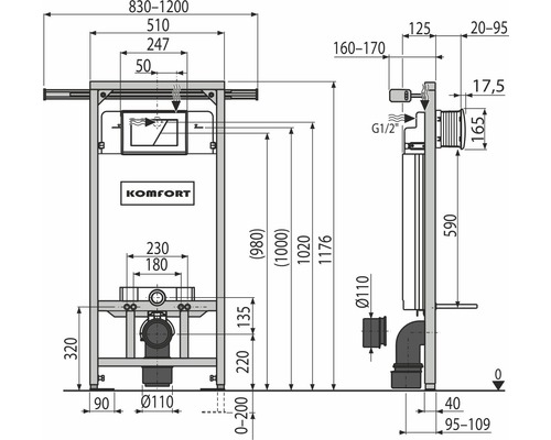 Technický nákres splachovací nádrže s rozměry