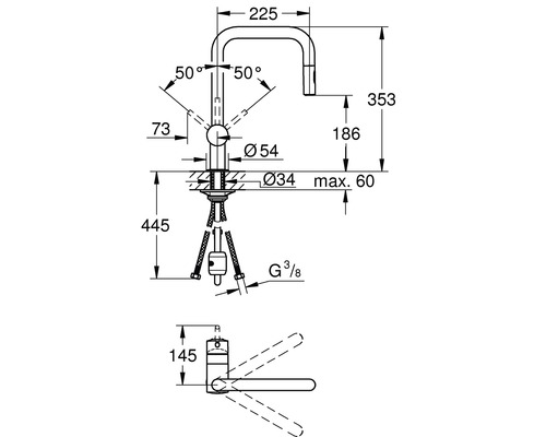 Technický nákres kuchyňské baterie s rozměry