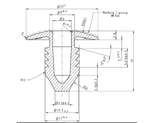 Technický nákres upevňovacího prvku s podrobnými rozměry