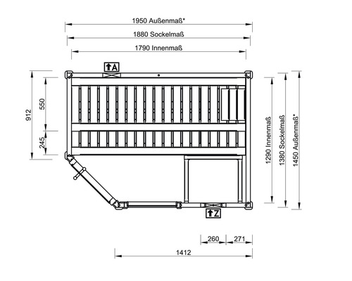 Technický nákres konstrukce zahradního domku s rozměry