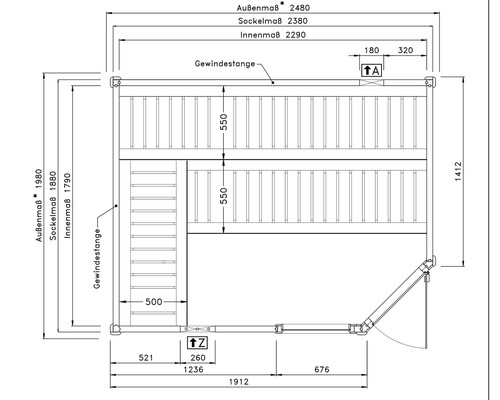 Technický nákres zahradního domku s rozměry.