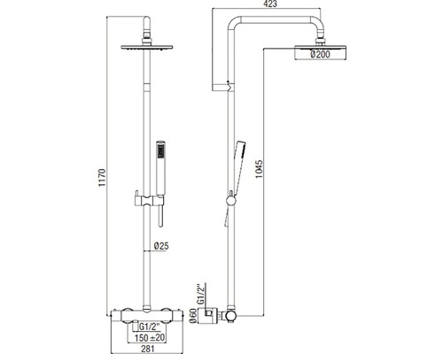 Technický nákres sprchové armatury s hlavovou a ruční sprchou s rozměry