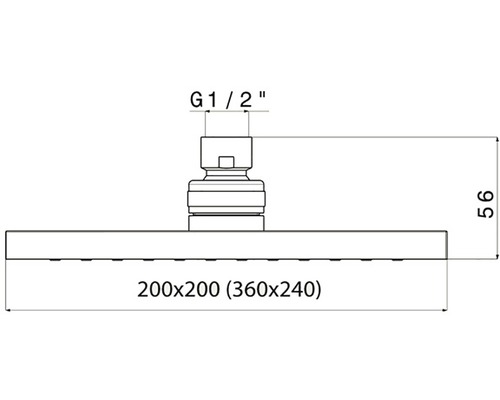 Technický výkres sprchové hlavice o rozměrech 200 x 200 milimetrů