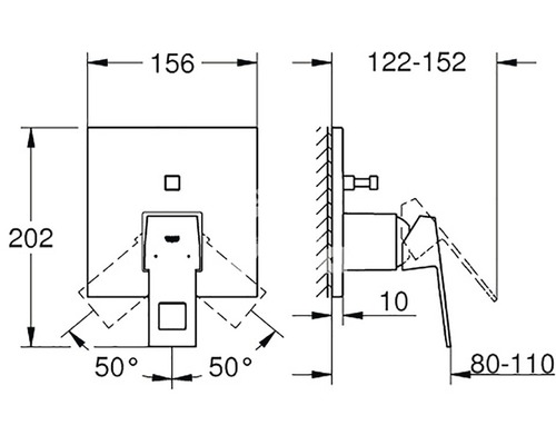 Technický nákres podomítkové umyvadlové baterie s rozměry