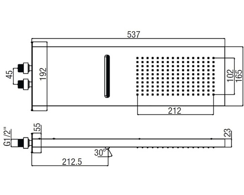 Technický výkres sprchového panelu s rozměry.