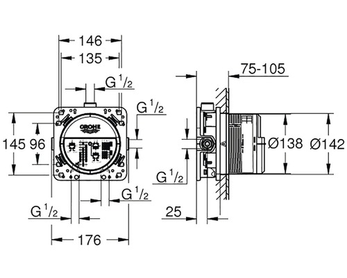 Technický nákres podomítkového tělesa Grohe s rozměry
